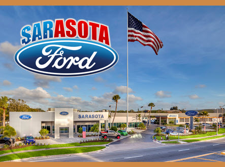 Sarasota Ford dealership in Sarasota, Florida, with American flag