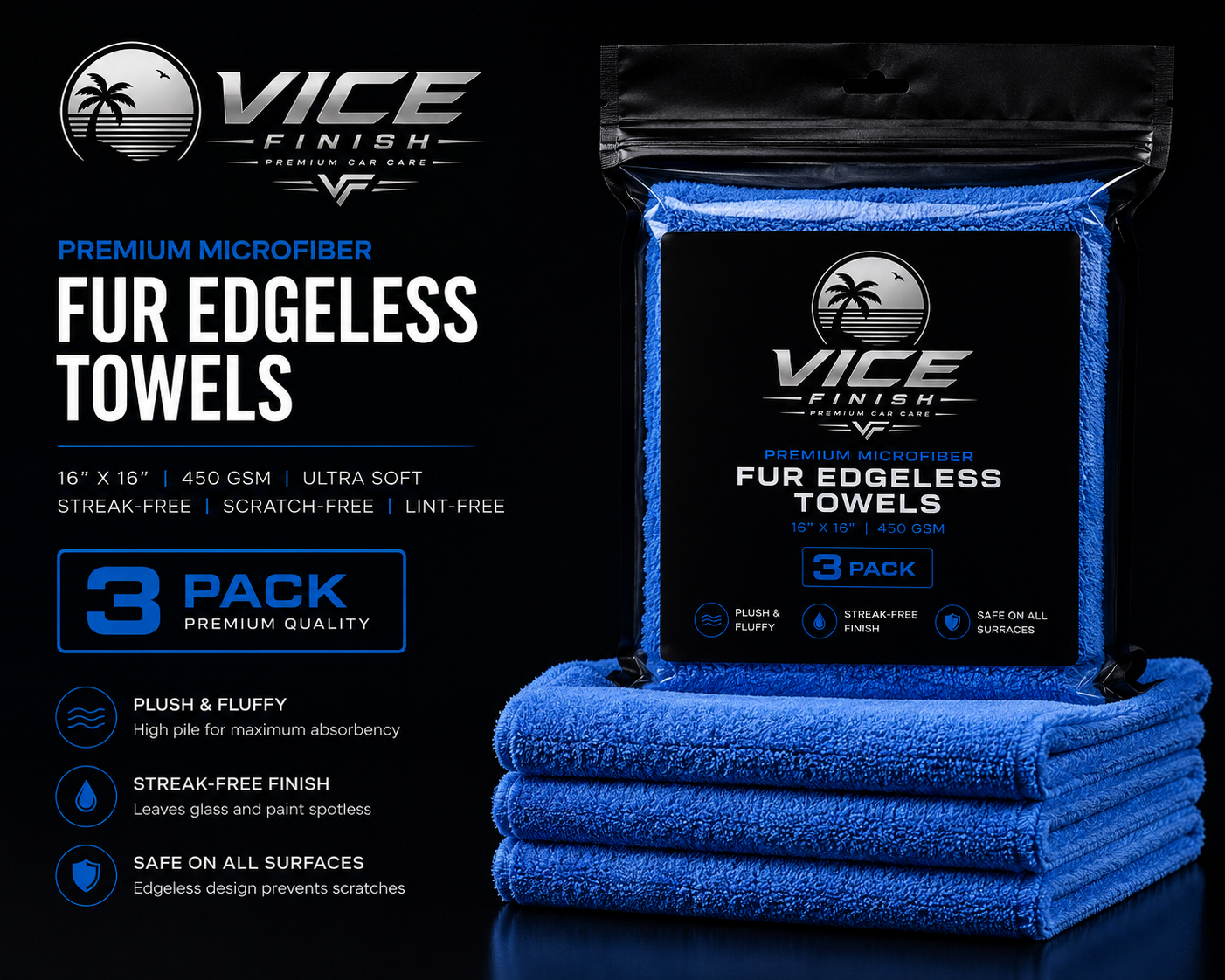 Vice Finish Premium Microfiber Fur Edgeless Towels – 3 Pack